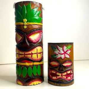Koppes Kandles tiki style carved and hand painted votive holder set with flowers